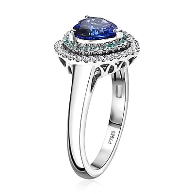 Certified & Appraised Rhapsody AAAA Tanzanite, Paraiba Tourmaline and E-F VS2 Diamond 2.20 ctw Heart Ring in 950 Platinum (Size 10.0) 8.80 Grams
