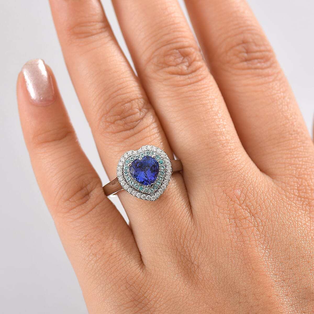 Rhapsody 950 Platinum AAAA Tanzanite, Paraiba Tourmaline and Diamond (E-F, VS2) (0.24 cts) Heart Ring (Size 11.0) (8.80 g) 2.20 ctw image number 2