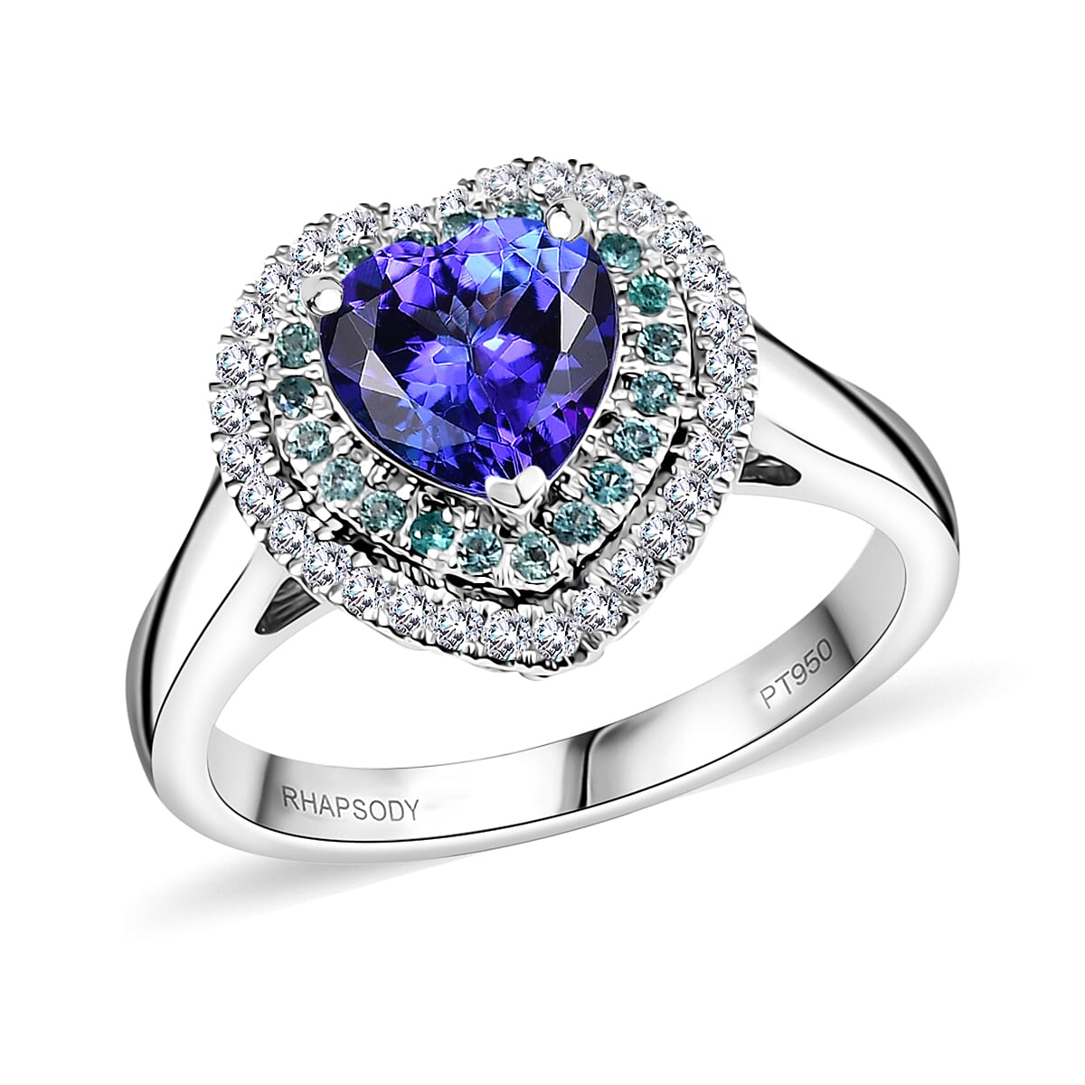 Certified & Appraised Rhapsody AAAA Tanzanite, Paraiba Tourmaline and E-F VS2 Diamond 2.20 ctw Heart Ring in 950 Platinum (Size 7.0) 8.80 Grams image number 0