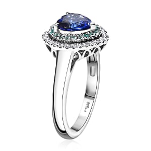 Certified & Appraised Rhapsody AAAA Tanzanite, Paraiba Tourmaline and E-F VS2 Diamond 2.20 ctw Heart Ring in 950 Platinum (Size 8.0) 8.80 Grams