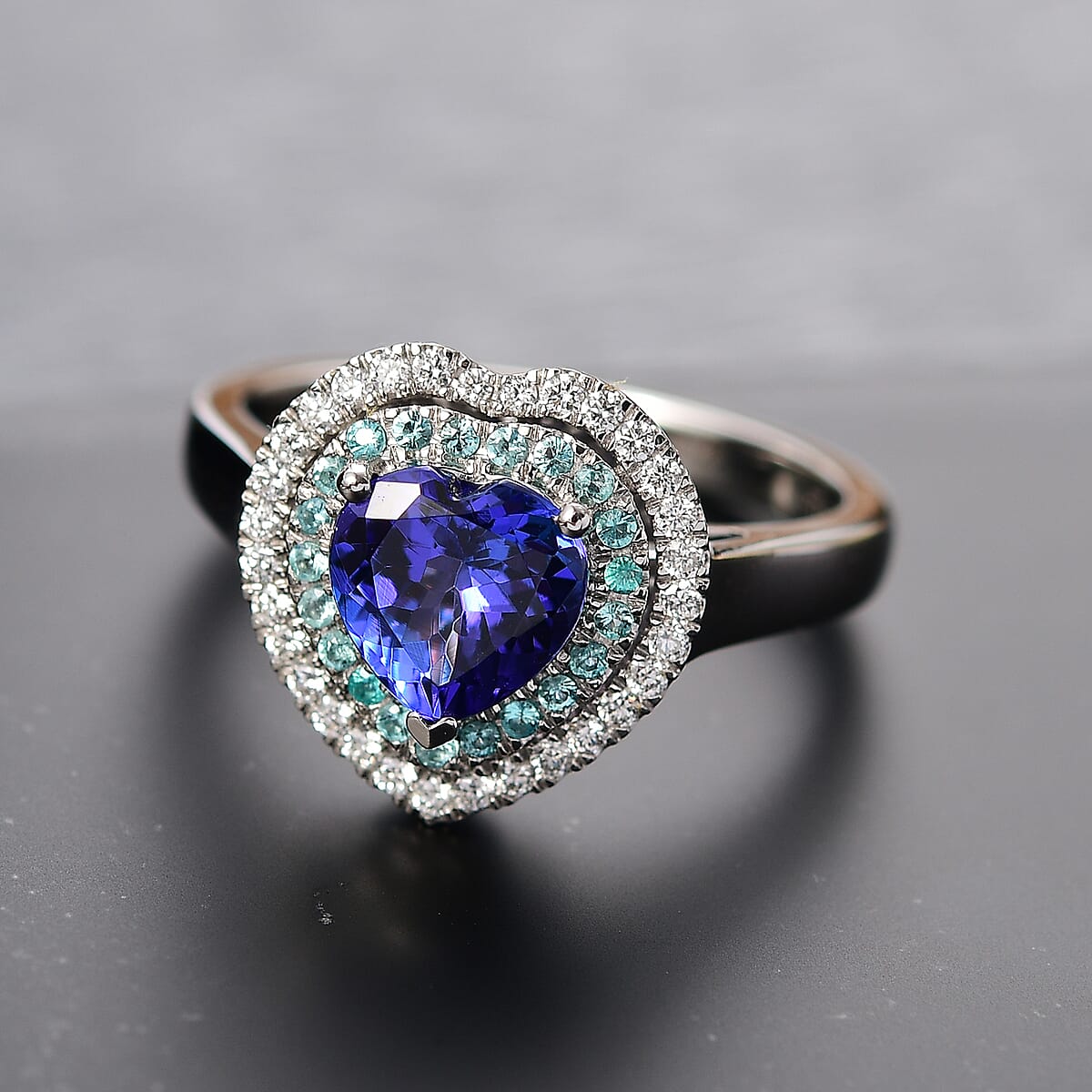 Rhapsody 950 Platinum AAAA Tanzanite, Paraiba Tourmaline and Diamond (E-F, VS2) (0.24 cts) Heart Ring (Size 9.5) (8.80 g) 2.20 ctw image number 1