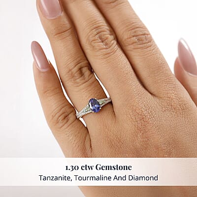 D'Joy Premium Tanzanite, AAA Paraiba Tourmaline and Diamond 1.30 ctw Ring in 18K Vermeil Yellow Gold Over Sterling Silver (Size 10.0)