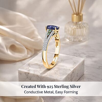 D'Joy Premium Tanzanite, AAA Paraiba Tourmaline and Diamond 1.30 ctw Ring in 18K Vermeil Yellow Gold Over Sterling Silver (Size 10.0)