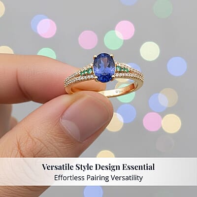 D'Joy Premium Tanzanite, AAA Paraiba Tourmaline and Diamond 1.30 ctw Ring in 18K Vermeil Yellow Gold Over Sterling Silver (Size 10.0)