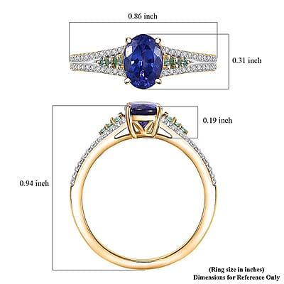 D'Joy Premium Tanzanite, AAA Paraiba Tourmaline and Diamond 1.30 ctw Ring in 18K Vermeil Yellow Gold Over Sterling Silver (Size 10.0)
