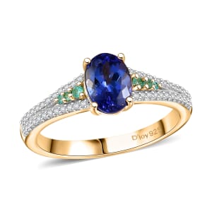 D'Joy Premium Tanzanite, AAA Paraiba Tourmaline and Diamond 1.30 ctw Ring in 18K Vermeil Yellow Gold Over Sterling Silver (Size 5.0)
