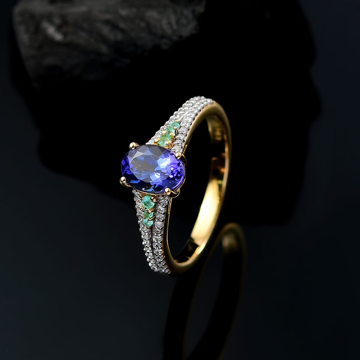 D'Joy Premium Tanzanite, AAA Paraiba Tourmaline and Diamond 1.30 ctw Ring in 18K Vermeil Yellow Gold Over Sterling Silver (Size 6.0) image number 1
