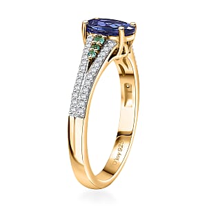 D'Joy Premium Tanzanite, AAA Paraiba Tourmaline and Diamond 1.30 ctw Ring in 18K Vermeil Yellow Gold Over Sterling Silver (Size 6.0)