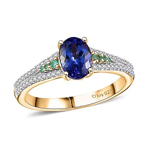 D'Joy Premium Tanzanite, AAA Paraiba Tourmaline and Diamond 1.30 ctw Ring in 18K Vermeil Yellow Gold Over Sterling Silver (Size 7.0)
