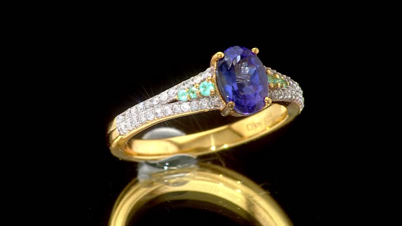 Premium Tanzanite, AAA Paraiba Tourmaline and Diamond 1.30 ctw Ring in 18K Vermeil Yellow Gold Over Sterling Silver (Size 10.0)