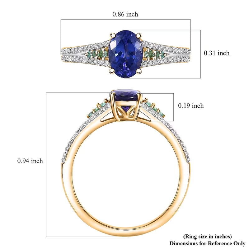 D'Joy Premium Tanzanite, AAA Paraiba Tourmaline and Diamond 1.30 ctw Ring in 18K Vermeil Yellow Gold Over Sterling Silver (Size 8.0)