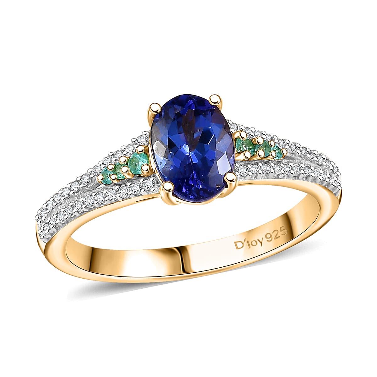 D'Joy Premium Tanzanite, AAA Paraiba Tourmaline and Diamond 1.30 ctw Ring in 18K Vermeil Yellow Gold Over Sterling Silver (Size 9.0) image number 0