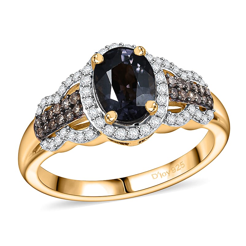 D'Joy AAA Platinum Spinel, Natural Champagne and White Diamond 1.75 ctw Ring in 18K Vermeil Yellow Gold Over Sterling Silver (Size 10.0)