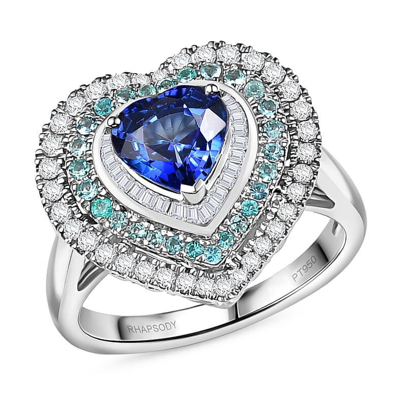 Certified & Appraised Rhapsody AAAA Ceylon Blue Sapphire, Paraiba Tourmaline and Diamond E-F VS 3.00 ctw Heart Ring in 950 Platinum (Size 5.0) 9.95 Grams