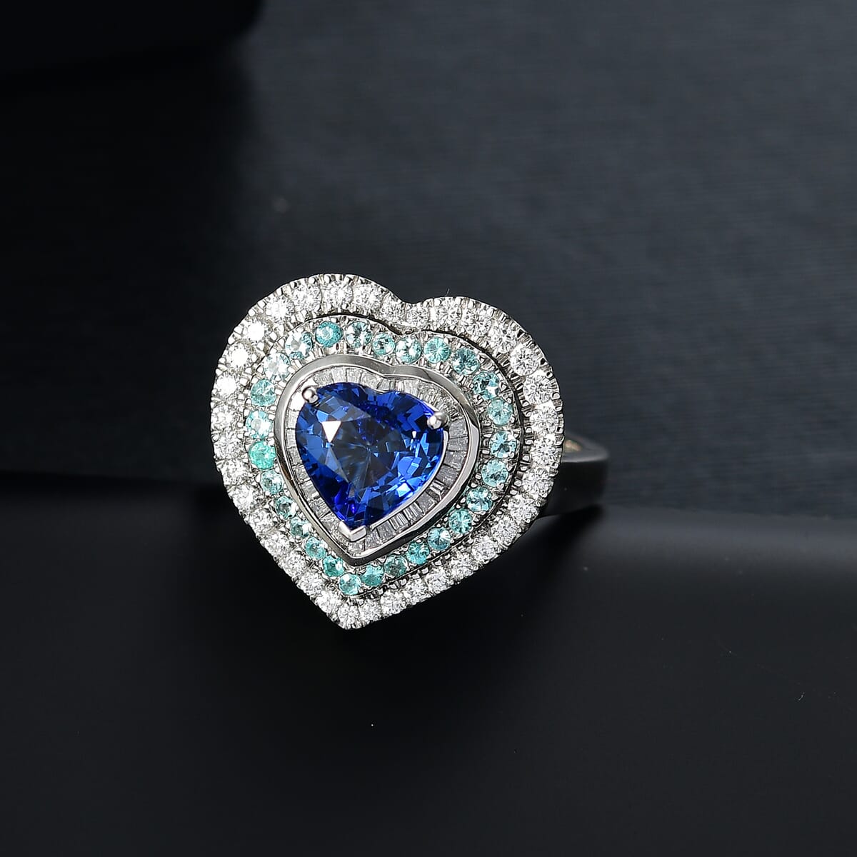 Certified & Appraised Rhapsody AAAA Ceylon Blue Sapphire, Paraiba Tourmaline and Diamond E-F VS 3.00 ctw Heart Ring in 950 Platinum (Size 8.0) 9.95 Grams image number 1