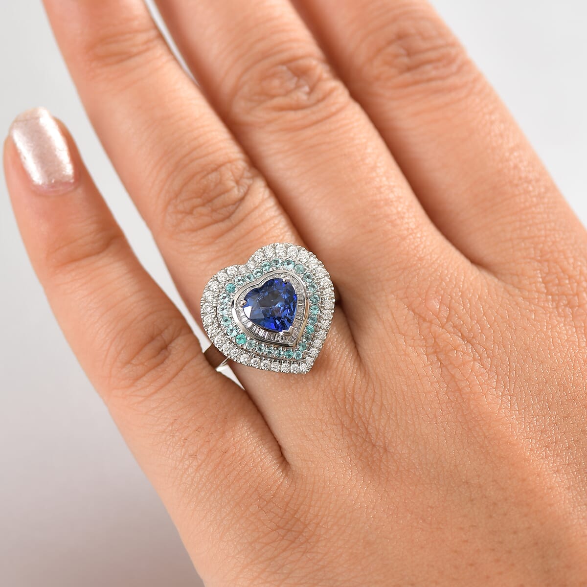 Certified & Appraised Rhapsody AAAA Ceylon Blue Sapphire, Paraiba Tourmaline and Diamond E-F VS 3.00 ctw Heart Ring in 950 Platinum (Size 8.0) 9.95 Grams image number 2