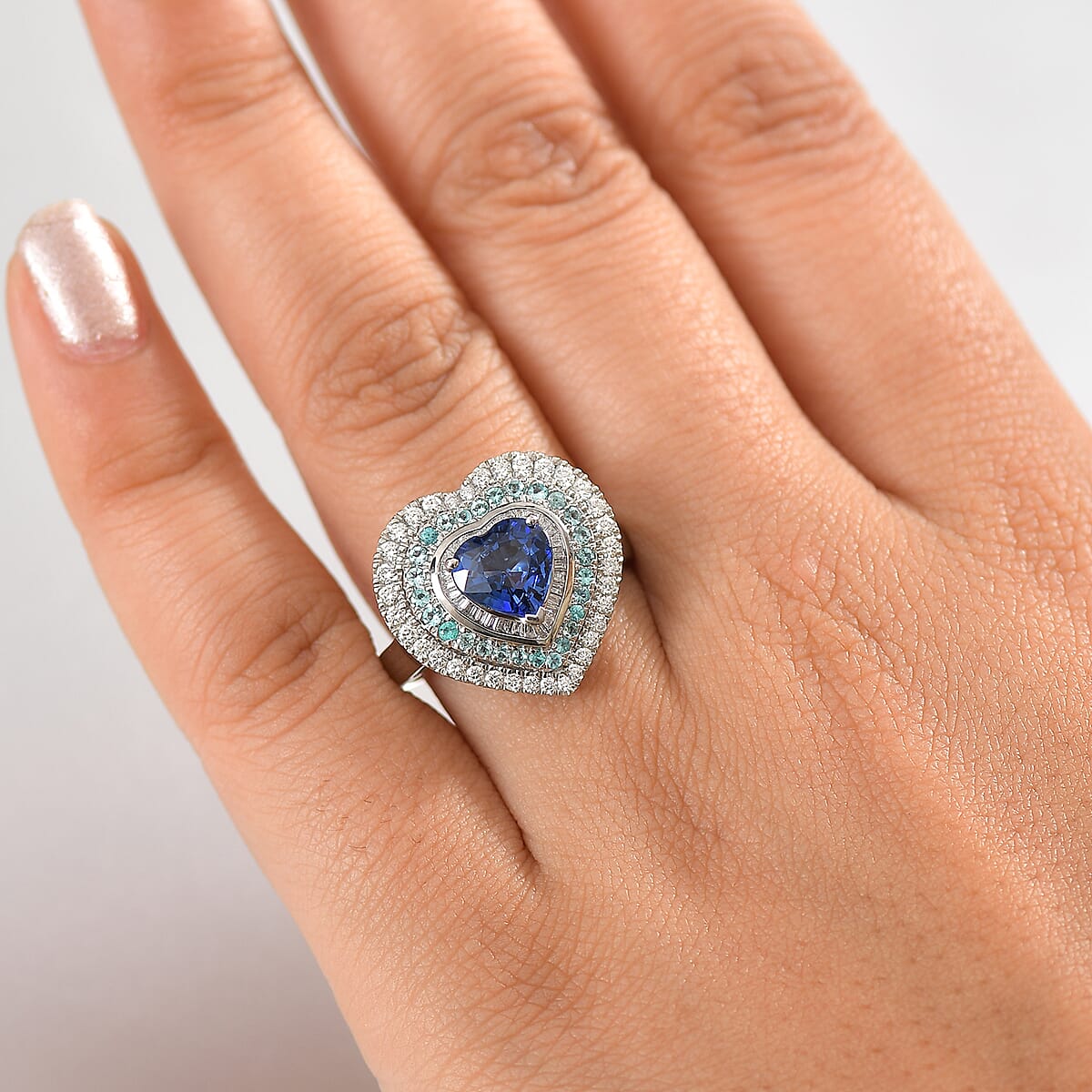Certified & Appraised Rhapsody AAAA Ceylon Blue Sapphire, Paraiba Tourmaline and Diamond E-F VS 3.00 ctw Heart Ring in 950 Platinum (Size 9.0) 9.95 Grams image number 2