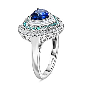 Certified & Appraised Rhapsody AAAA Ceylon Blue Sapphire, Paraiba Tourmaline and Diamond E-F VS 3.00 ctw Heart Ring in 950 Platinum (Size 9.0) 9.95 Grams
