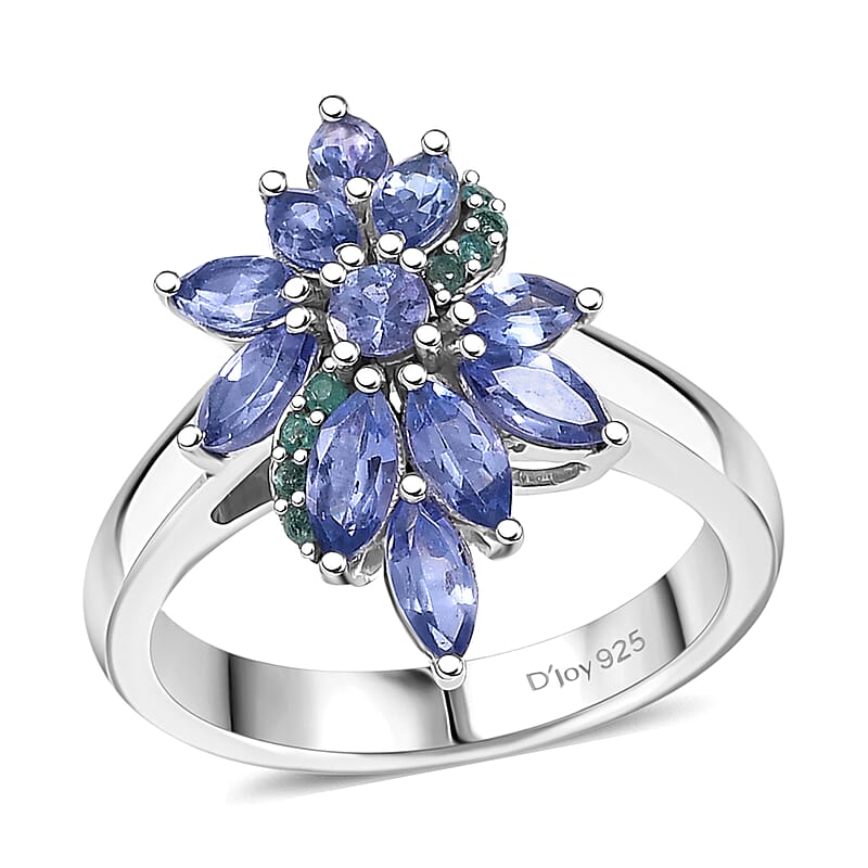D'Joy Premium Tanzanite and AAA Paraiba Tourmaline 1.82 ctw Floral Ring in Rhodium Over Sterling Silver (Size 10.0) (Del. In 12-15 Days)