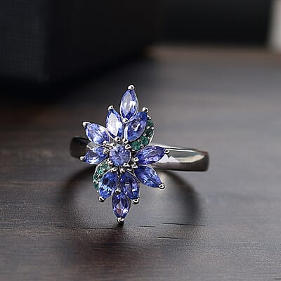 D'Joy Premium Tanzanite and AAA Paraiba Tourmaline 1.82 ctw Floral Ring in Rhodium Over Sterling Silver (Size 10.0) (Del. In 12-15 Days)