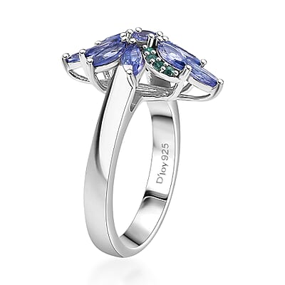 D'Joy Premium Tanzanite and AAA Paraiba Tourmaline 1.82 ctw Floral Ring in Rhodium Over Sterling Silver (Size 10.0) (Del. In 12-15 Days)