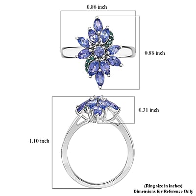D'Joy Premium Tanzanite and AAA Paraiba Tourmaline 1.82 ctw Floral Ring in Rhodium Over Sterling Silver (Size 10.0) (Del. In 12-15 Days)