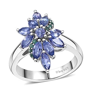 D'Joy Premium Tanzanite and AAA Paraiba Tourmaline 1.82 ctw Floral Ring in Rhodium Over Sterling Silver (Size 6.0)