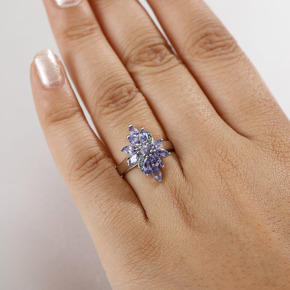 D'Joy Premium Tanzanite and AAA Paraiba Tourmaline 1.82 ctw Floral Ring in Rhodium Over Sterling Silver (Size 6.0) image number 2