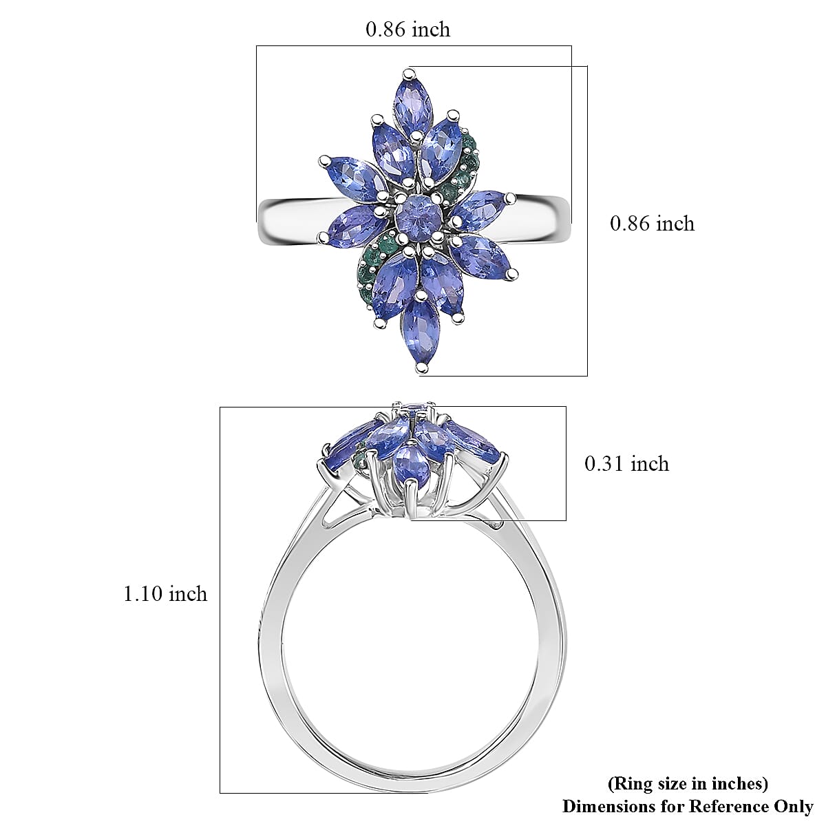 D'Joy Premium Tanzanite and AAA Paraiba Tourmaline 1.82 ctw Floral Ring in Rhodium Over Sterling Silver (Size 8.0) (Del. In 12-15 Days) image number 5