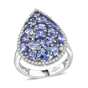 D'Joy Premium Tanzanite, AAA Paraiba Tourmaline and White Zircon 3.50 ctw Ring in Rhodium Over Sterling Silver (Size 10.0)
