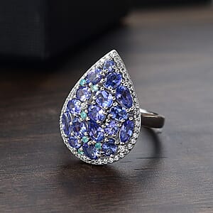 D'Joy Premium Tanzanite, AAA Paraiba Tourmaline and White Zircon 3.50 ctw Ring in Rhodium Over Sterling Silver (Size 10.0)