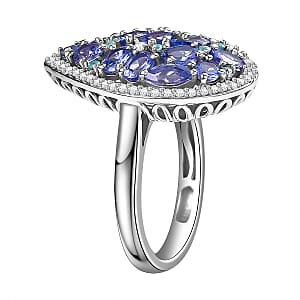 D'Joy Premium Tanzanite, AAA Paraiba Tourmaline and White Zircon 3.50 ctw Ring in Rhodium Over Sterling Silver (Size 10.0)