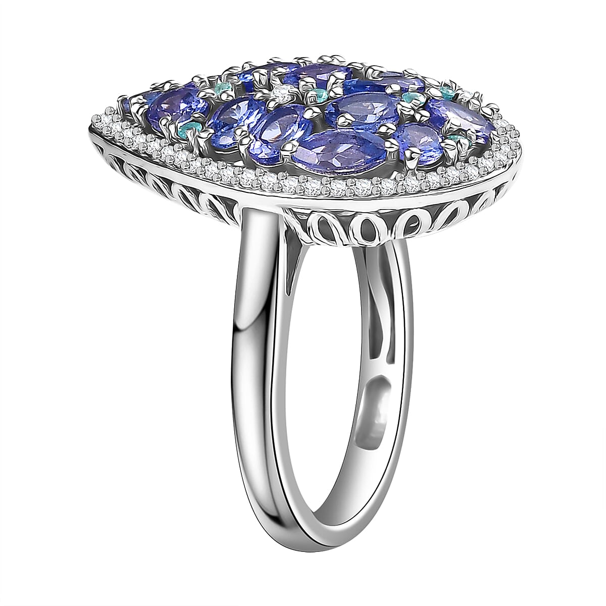 D'Joy Premium Tanzanite, AAA Paraiba Tourmaline and White Zircon 3.50 ctw Ring in Rhodium Over Sterling Silver (Size 6.0) image number 3