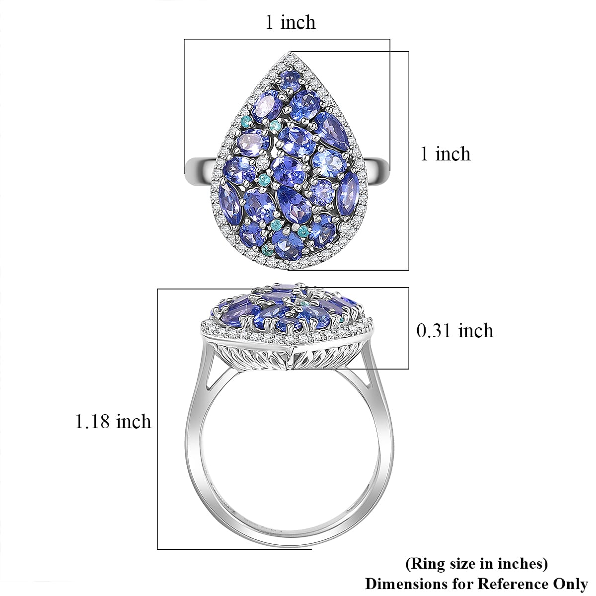 D'Joy Premium Tanzanite, AAA Paraiba Tourmaline and White Zircon 3.50 ctw Ring in Rhodium Over Sterling Silver (Size 6.0) image number 5
