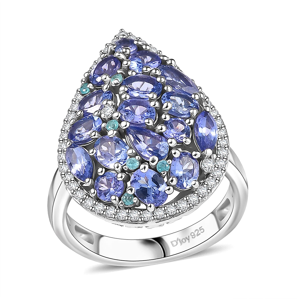 D'Joy Premium Tanzanite, AAA Paraiba Tourmaline and White Zircon 3.50 ctw Ring in Rhodium Over Sterling Silver (Size 8.0) image number 0