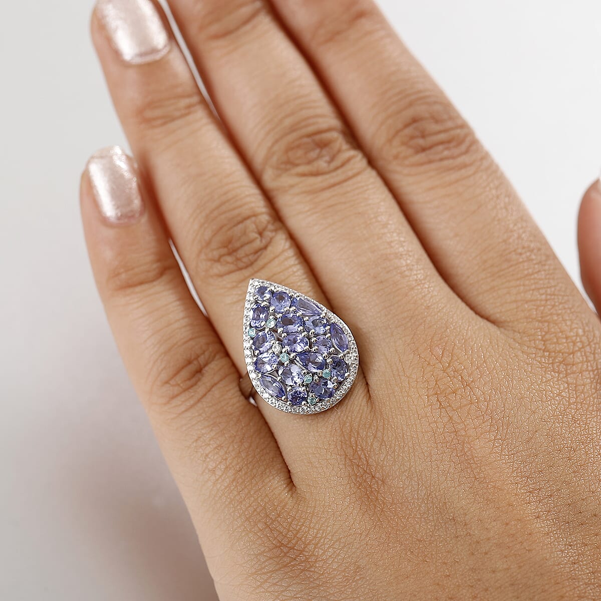 D'Joy Premium Tanzanite, AAA Paraiba Tourmaline and White Zircon 3.50 ctw Ring in Rhodium Over Sterling Silver (Size 8.0) image number 2