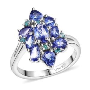 D'Joy Premium Tanzanite and AAA Paraiba Tourmaline 2.25 ctw Ring in Rhodium Over Sterling Silver (Size 10.0)