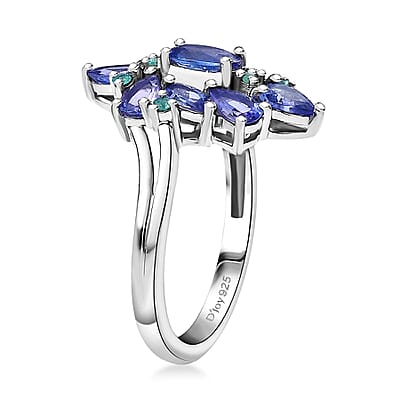 D'Joy Premium Tanzanite and AAA Paraiba Tourmaline 2.25 ctw Ring in Rhodium Over Sterling Silver (Size 10.0)