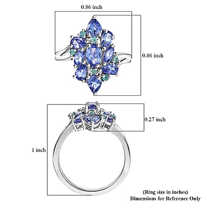 D'Joy Premium Tanzanite and AAA Paraiba Tourmaline 2.25 ctw Ring in Rhodium Over Sterling Silver (Size 10.0)