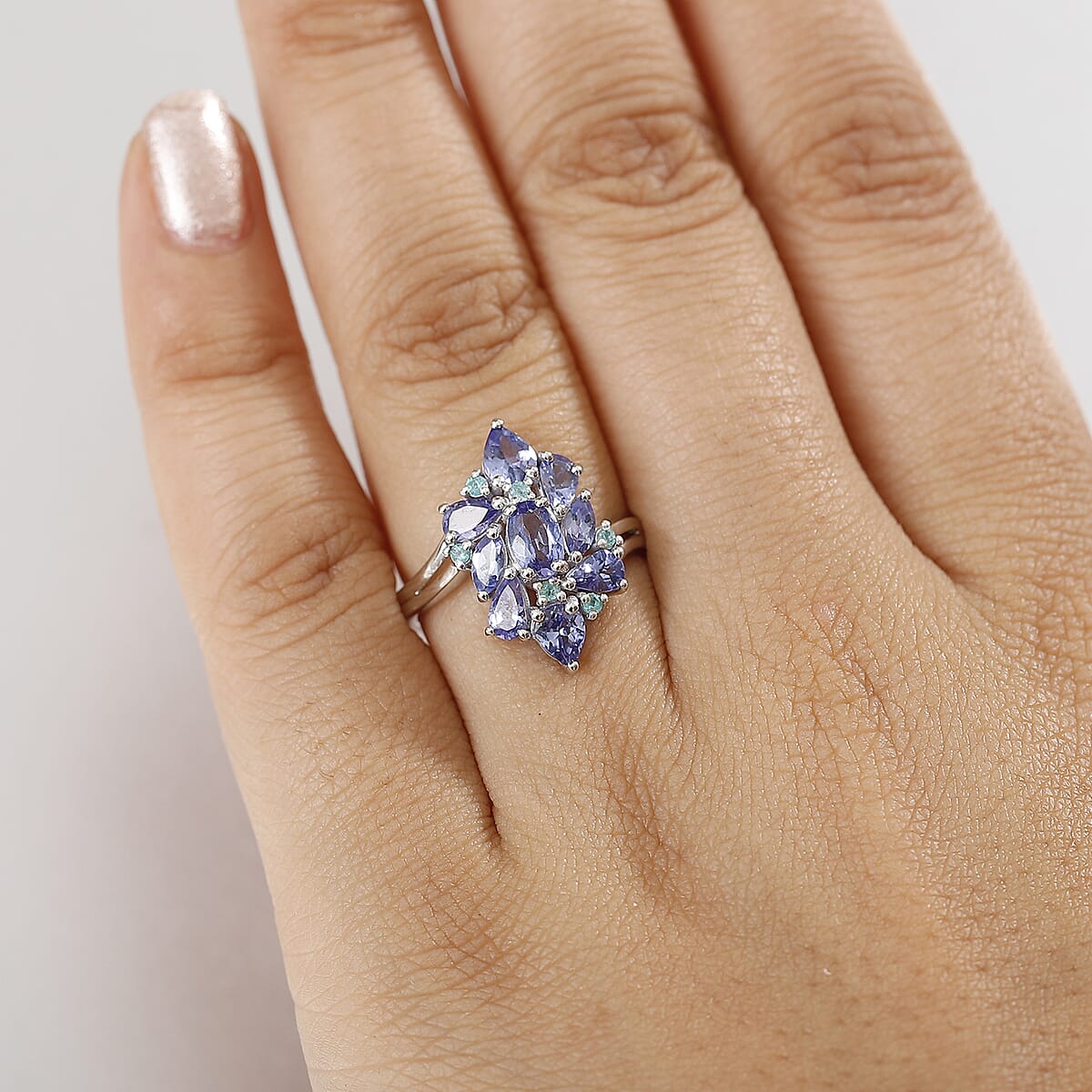 D'Joy Premium Tanzanite and AAA Paraiba Tourmaline 2.25 ctw Ring in Rhodium Over Sterling Silver (Size 8.0) image number 2
