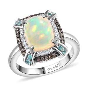 D'Joy Premium Ethiopian Welo Opal, AAA Paraiba Tourmaline, Natural Champagne and White Diamond 2.30 ctw Ring in Rhodium Over Sterling Silver (Size 10.0)