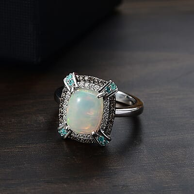 D'Joy Premium Ethiopian Welo Opal, AAA Paraiba Tourmaline, Natural Champagne and White Diamond 2.30 ctw Ring in Rhodium Over Sterling Silver (Size 10.0)