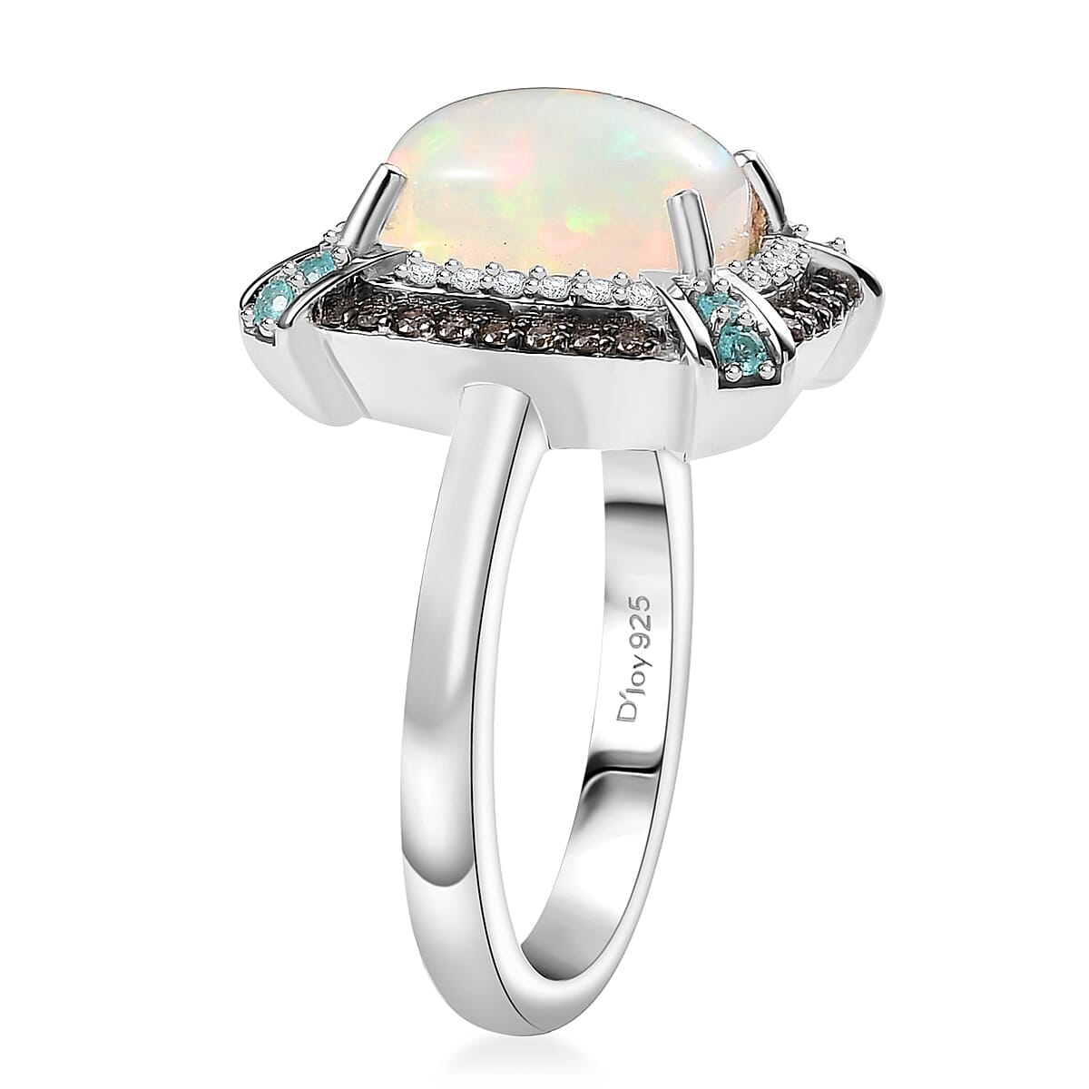 D'Joy Premium Ethiopian Welo Opal, AAA Paraiba Tourmaline, Natural Champagne and White Diamond 2.30 ctw Ring in Rhodium Over Sterling Silver (Size 10.0)