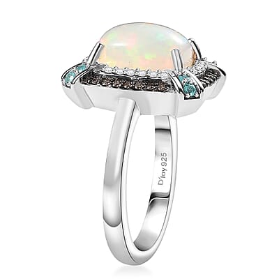 D'Joy Premium Ethiopian Welo Opal, AAA Paraiba Tourmaline, Natural Champagne and White Diamond 2.30 ctw Ring in Rhodium Over Sterling Silver (Size 10.0)