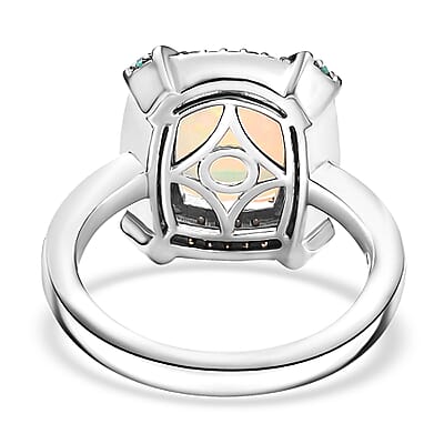 D'Joy Premium Ethiopian Welo Opal, AAA Paraiba Tourmaline, Natural Champagne and White Diamond 2.30 ctw Ring in Rhodium Over Sterling Silver (Size 10.0)