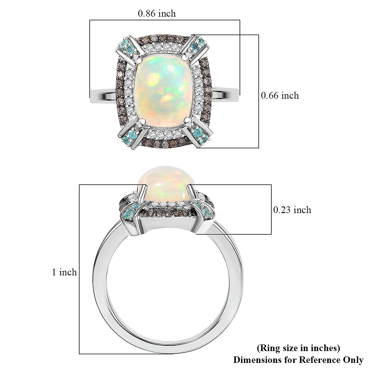D'Joy Premium Ethiopian Welo Opal, AAA Paraiba Tourmaline, Natural Champagne and White Diamond 2.30 ctw Ring in Rhodium Over Sterling Silver (Size 10.0)