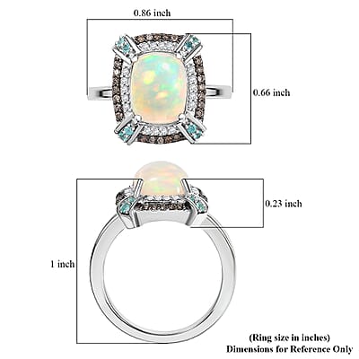 D'Joy Premium Ethiopian Welo Opal, AAA Paraiba Tourmaline, Natural Champagne and White Diamond 2.30 ctw Ring in Rhodium Over Sterling Silver (Size 10.0)