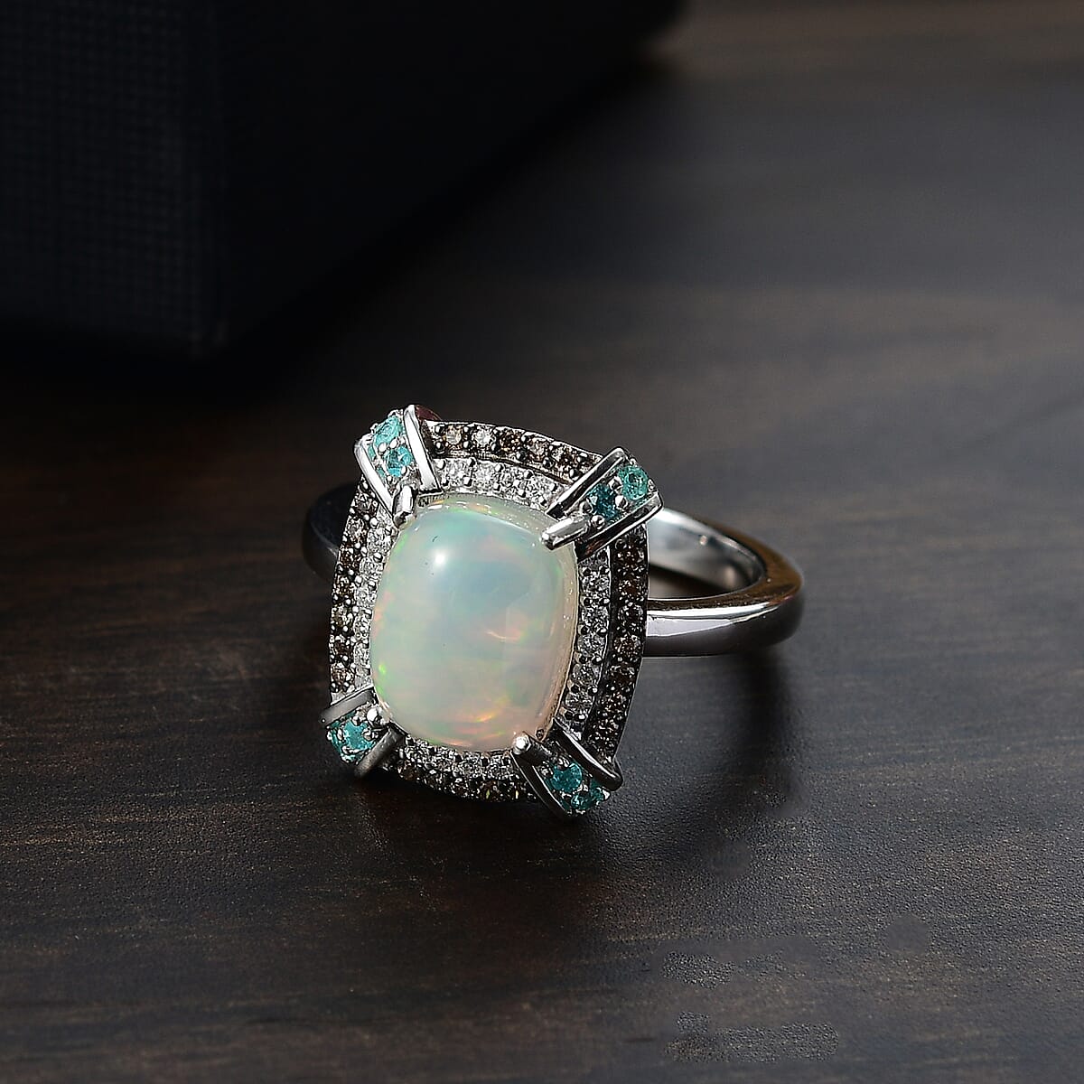 D'Joy Premium Ethiopian Welo Opal, AAA Paraiba Tourmaline, Natural Champagne and White Diamond 2.30 ctw Ring in Rhodium Over Sterling Silver (Size 9.0) image number 1