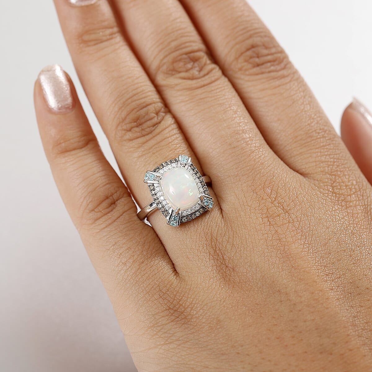 D'Joy Premium Ethiopian Welo Opal, AAA Paraiba Tourmaline, Natural Champagne and White Diamond 2.30 ctw Ring in Rhodium Over Sterling Silver (Size 9.0) image number 2