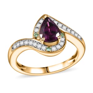 D'Joy AAA Radiant Ember Garnet, AAA Paraiba Tourmaline and Diamond 1.70 ctw Dewdrop Ring in 18K Vermeil Yellow Gold Over Sterling Silver (Size 10.0)